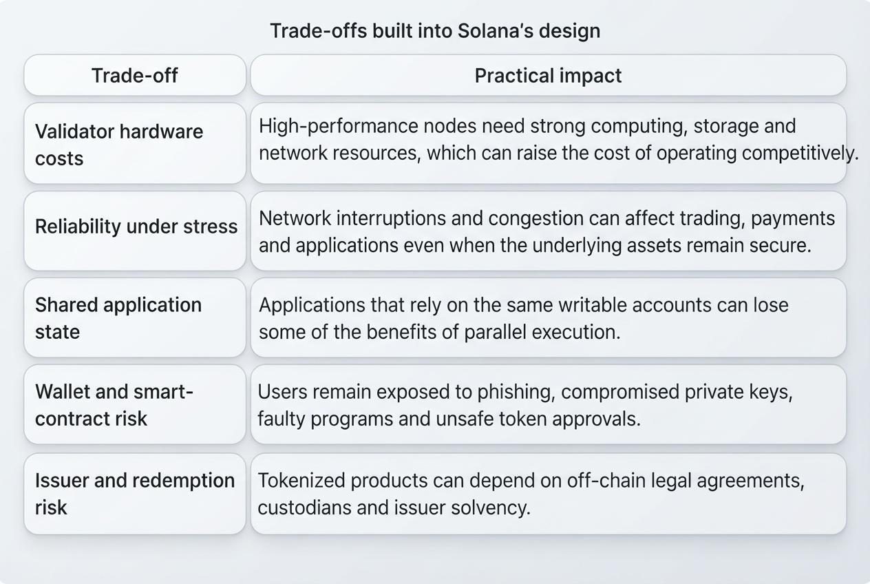 A structured table outlining the trade-offs built into Solana's design, comparing trade-off categories such as validator hardware costs, reliability under stress, shared application state, wallet and smart-contract risk, and issuer and redemption risk with their practical impacts.