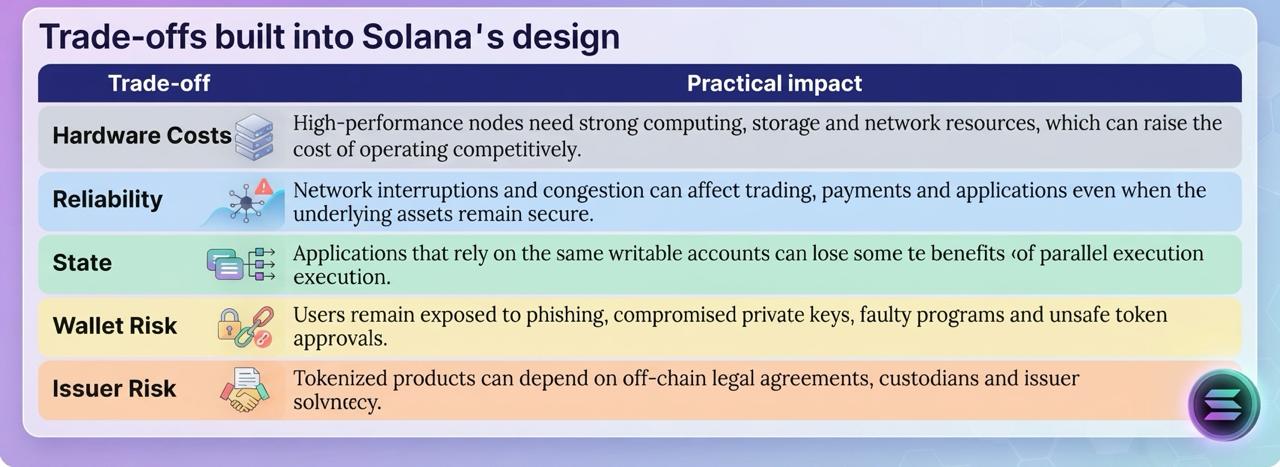 A structured infographic table detailing Solana's design trade-offs, featuring categories for Hardware Costs, Reliability, State, Wallet Risk, and Issuer Risk alongside their corresponding practical impacts and icons.