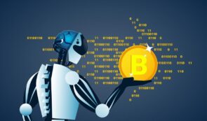 Digital vector illustration of a futuristic blue and white AI robot holding a glowing golden Bitcoin symbol surrounded by binary code against a dark blue background.