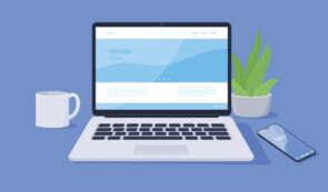 Vector illustration of a modern workspace featuring an open laptop displaying a website wireframe, accompanied by a smartphone, a coffee mug, and a potted plant on a solid blue background.