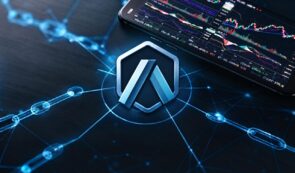 Arbitrum logo over a blue blockchain network, with a phone displaying crypto market charts.