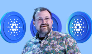 Charles Hoskinson on a Cardano coin background, blue theme