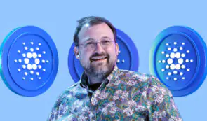 Charles Hoskinson on a Cardano coin background, blue theme