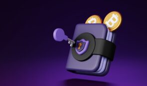 3D purple crypto wallet secured with a padlock and physical key, featuring protruding Bitcoin coins.