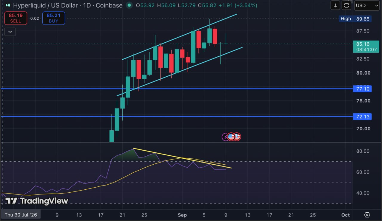 TradingView 1-day price chart for Hyperliquid (HYPE/USD) on Coinbase as of September 9, 2026, displaying price action at $85.16 with daily momentum indicators.