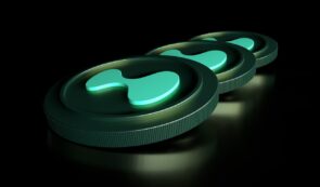 3D render of glowing turquoise Hyperliquid (HYPE) crypto coins arranged in a diagonal row against a black background.