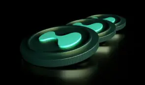 3D render of glowing turquoise Hyperliquid (HYPE) crypto coins arranged in a diagonal row against a black background.