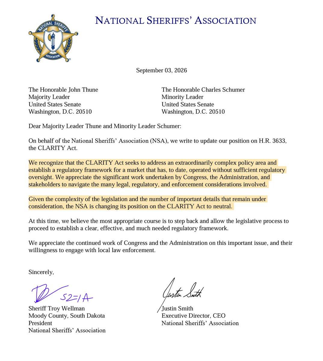National Sheriffs' Association official letter dated September 3, 2026, addressed to Senators John Thune and Charles Schumer, announcing a shift to a neutral position on H.R. 3633, the CLARITY Act.
