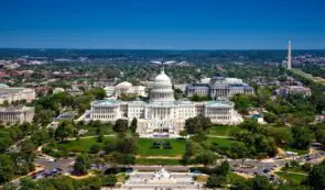 Aerial view of the U.S. Capitol and Washington Monument in Washington, D.C.