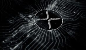 Digital illustration featuring a glowing silver XRP token centerpiece set against a dark tech circuit board and digital node network background.